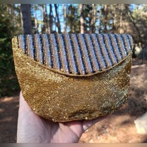 Vintage Genie Gold Purple Blue Beaded Art Deco Hollywood Regency Clutch Bag